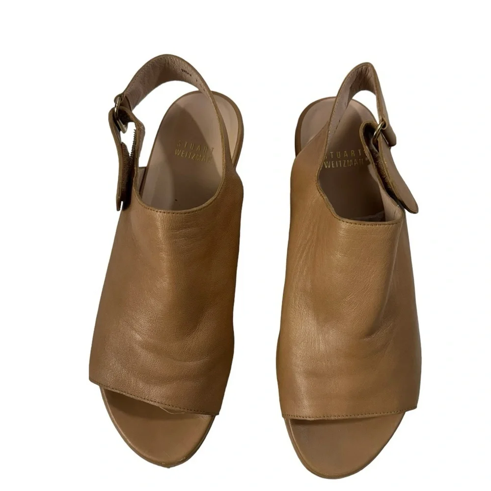 Stuart Weitzman Offset Leather Peep-Toe Wedge, Pecan size 7